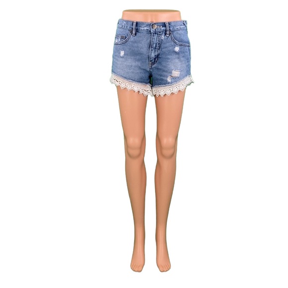 Free People Boho Distressed Crochet Hem Denim Shorts